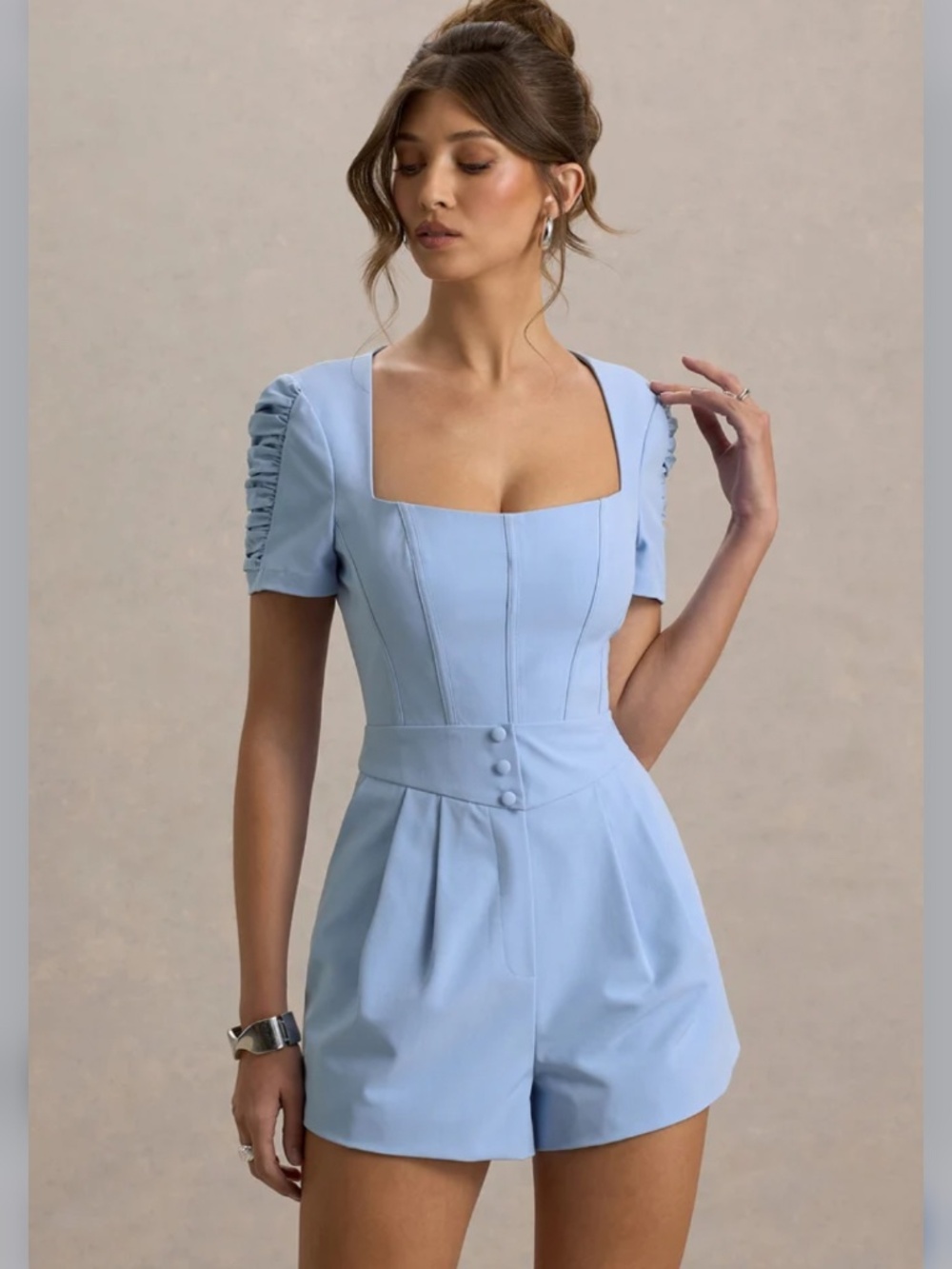 Club L London "Brizzie" Light Blue Linen Short-Sleeve Romper size 12